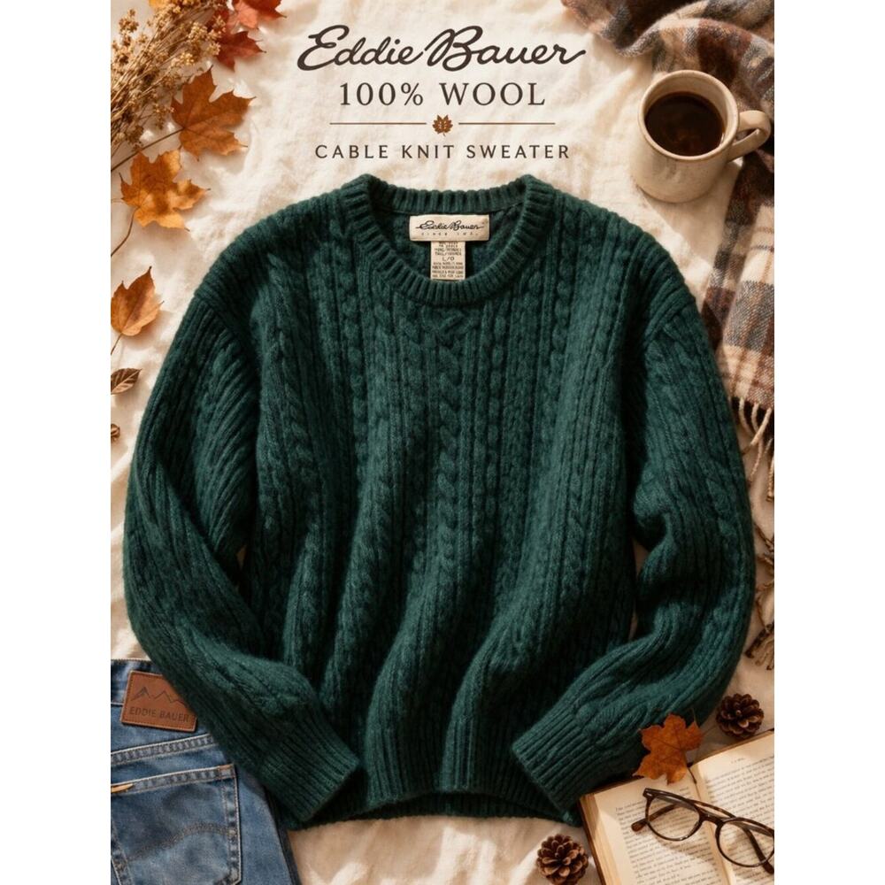 Eddie Bauer 100% Wool Cable Knit Sweater Green Crewneck Size Large